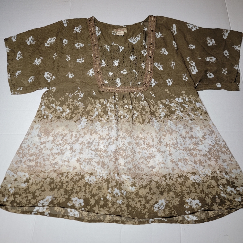 Art & Soul Earthy Cottagecore Smocked Square Neck Floral‎ Medium Blouse
